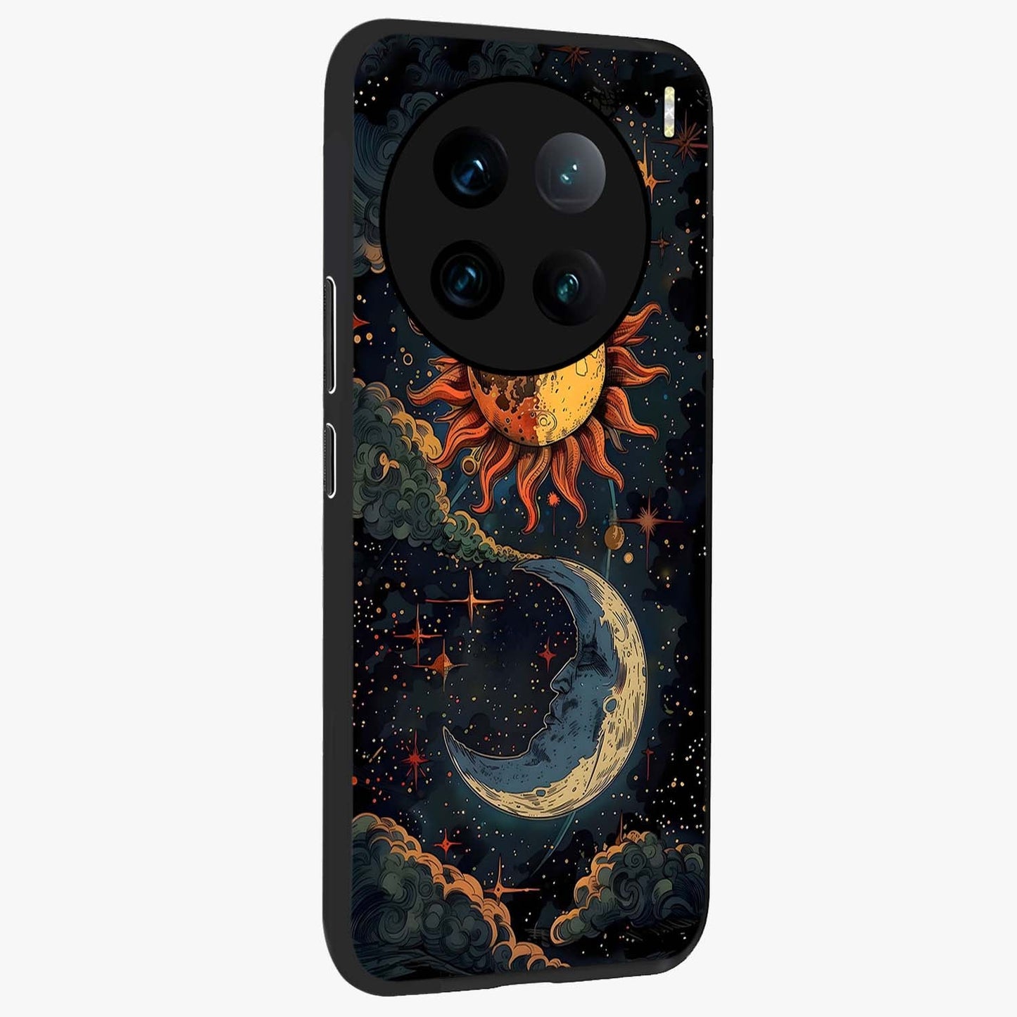 Sun And Moon Magic Design Glass Case upright view showcasing decorative sun and moon artwork with spiritual celestial theme.