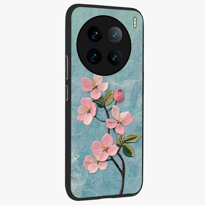 Threaded Blossom Breeze Glass Case upright view showcasing graceful flower artwork with calm botanical theme.