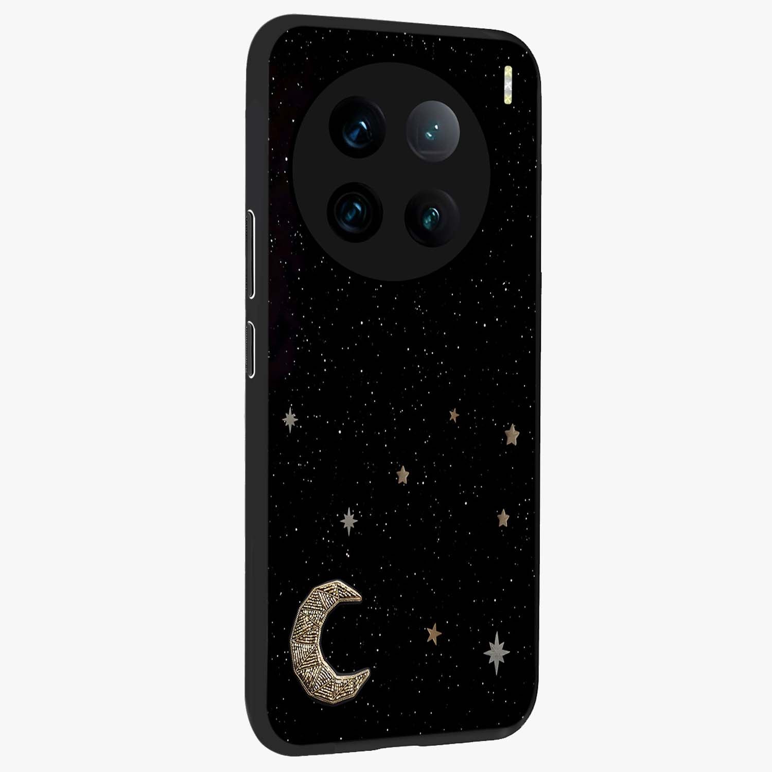 Twinkle Star With Half Moon Glass Case upright view showcasing glowing cosmic artwork with dreamy night theme.