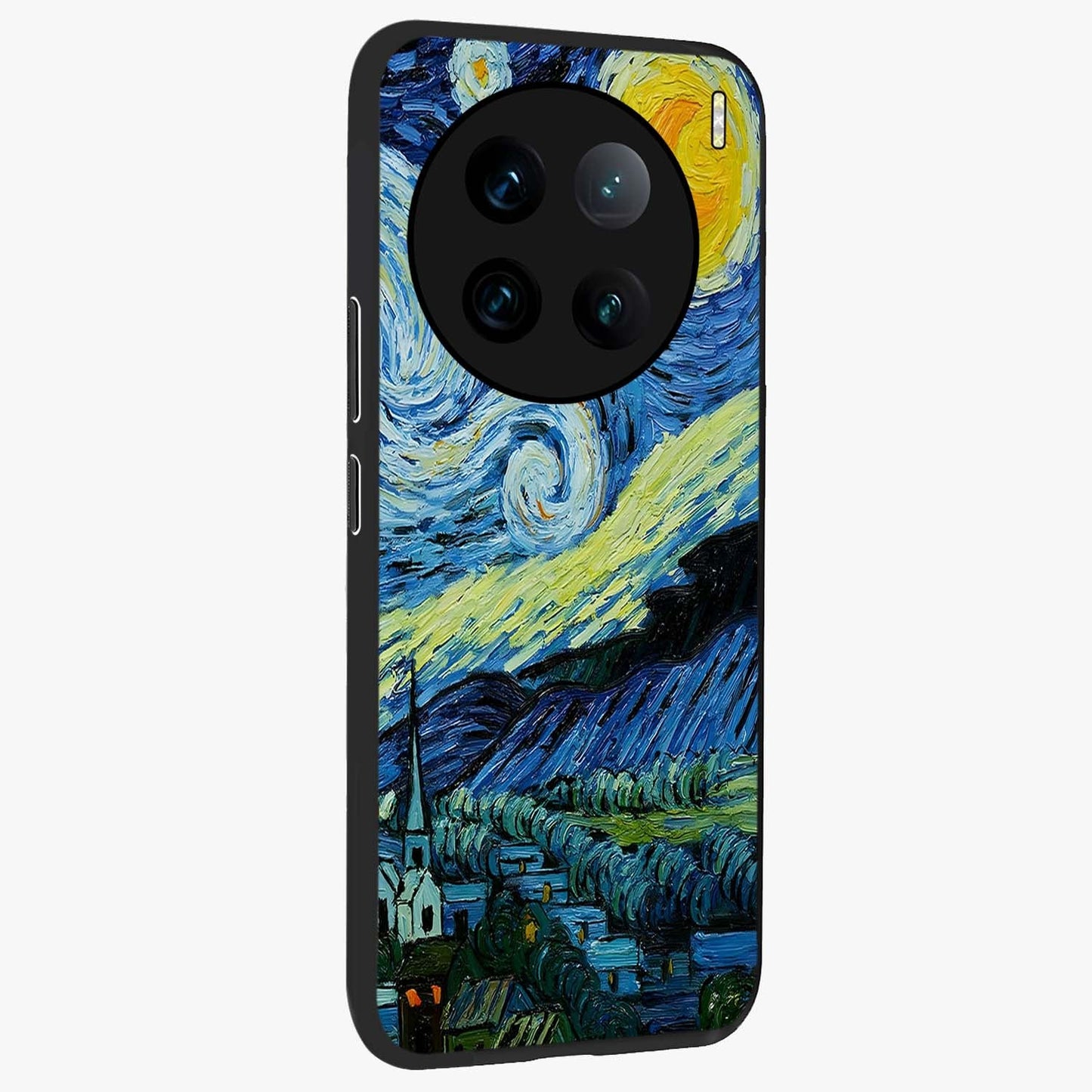 Van Gogh Art Glass Case upright view showcasing expressive painting style artwork with timeless artistic theme.