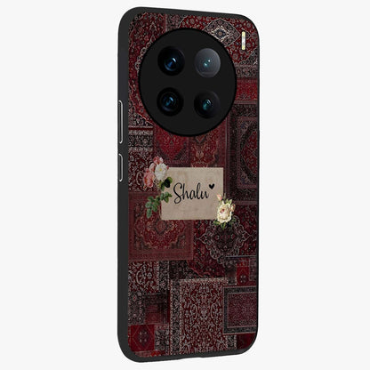 Velvet Wine Pattern Custom Name Glass Case upright view showcasing luxurious wine toned artwork with personalized aesthetic.