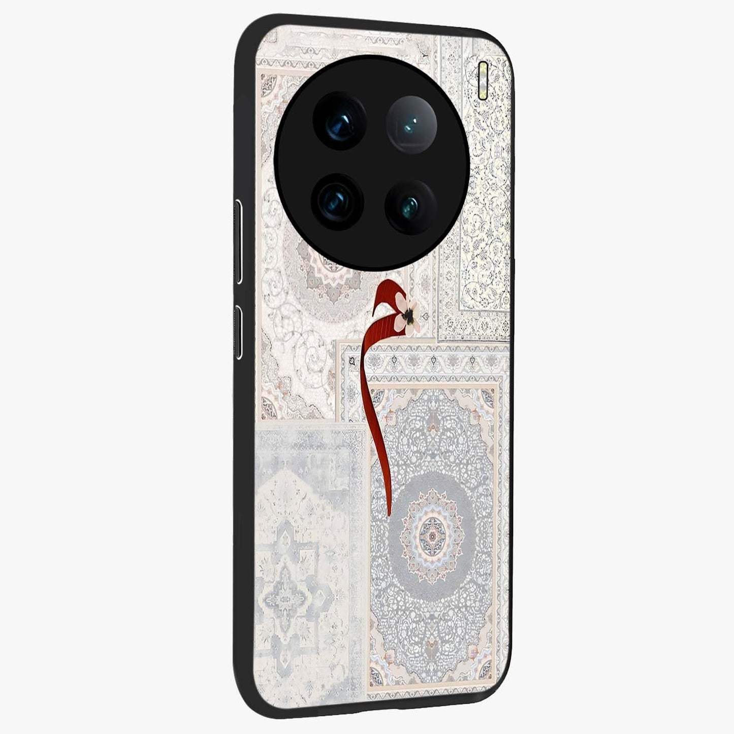 White Aesthetic Bow Glass Case upright view showcasing delicate ribbon bow artwork with cute minimalist theme.