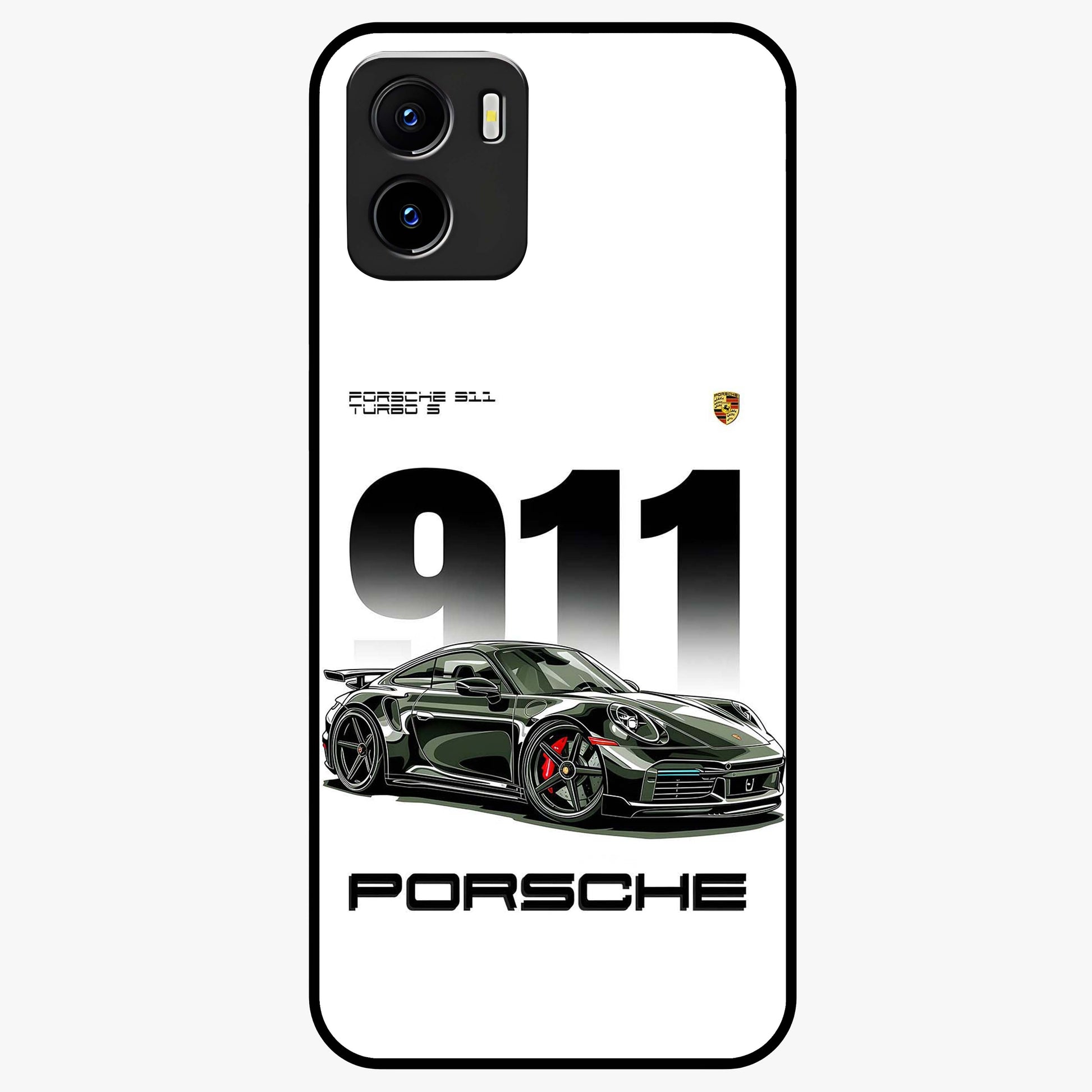 911 Turbo Dominance Glass Case showing clean flat back view with bold 911 sports car artwork and glossy glass finish.
