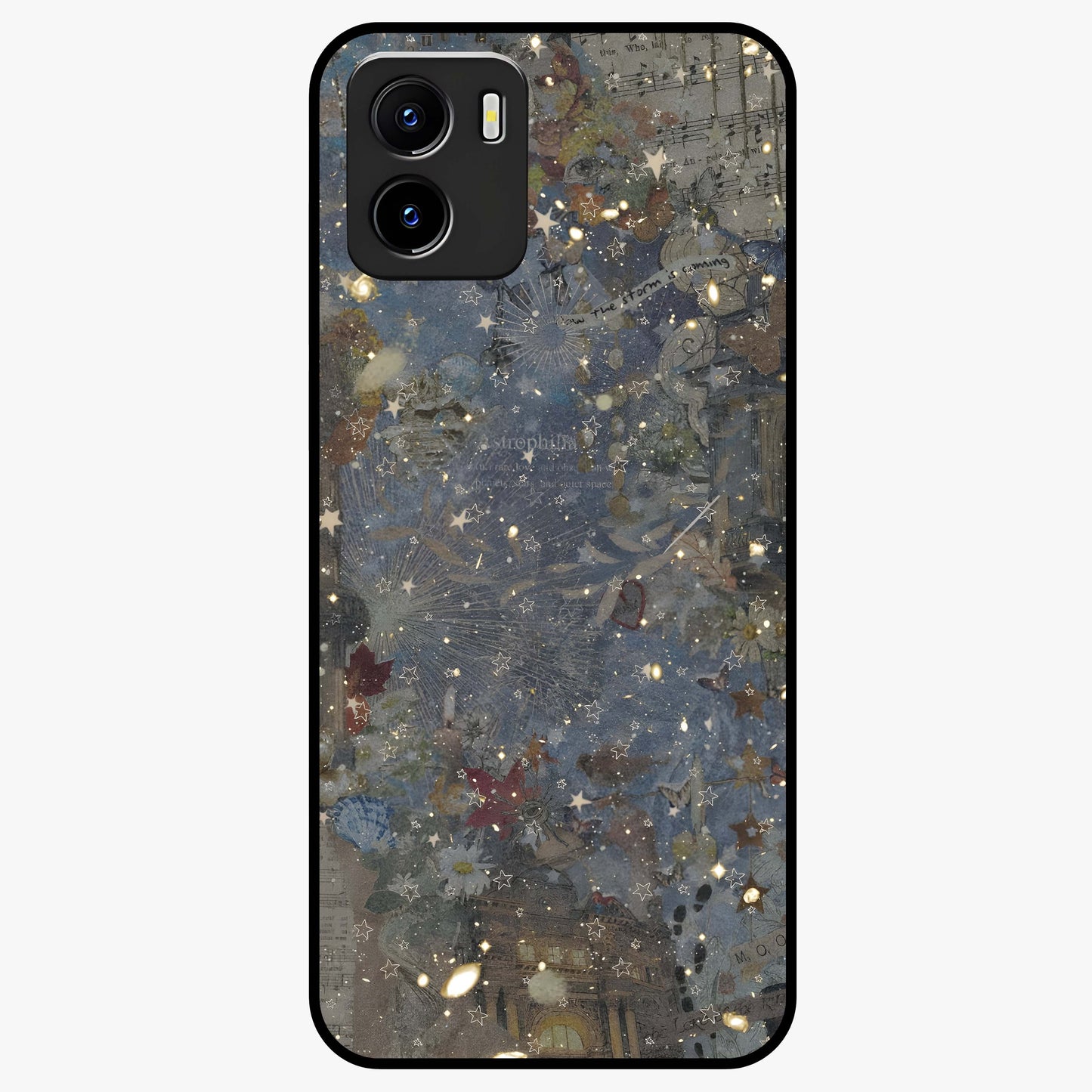 Aesthetic Astrolophia Glass Case showing flat back view with dreamy aesthetic design and glossy glass finish.