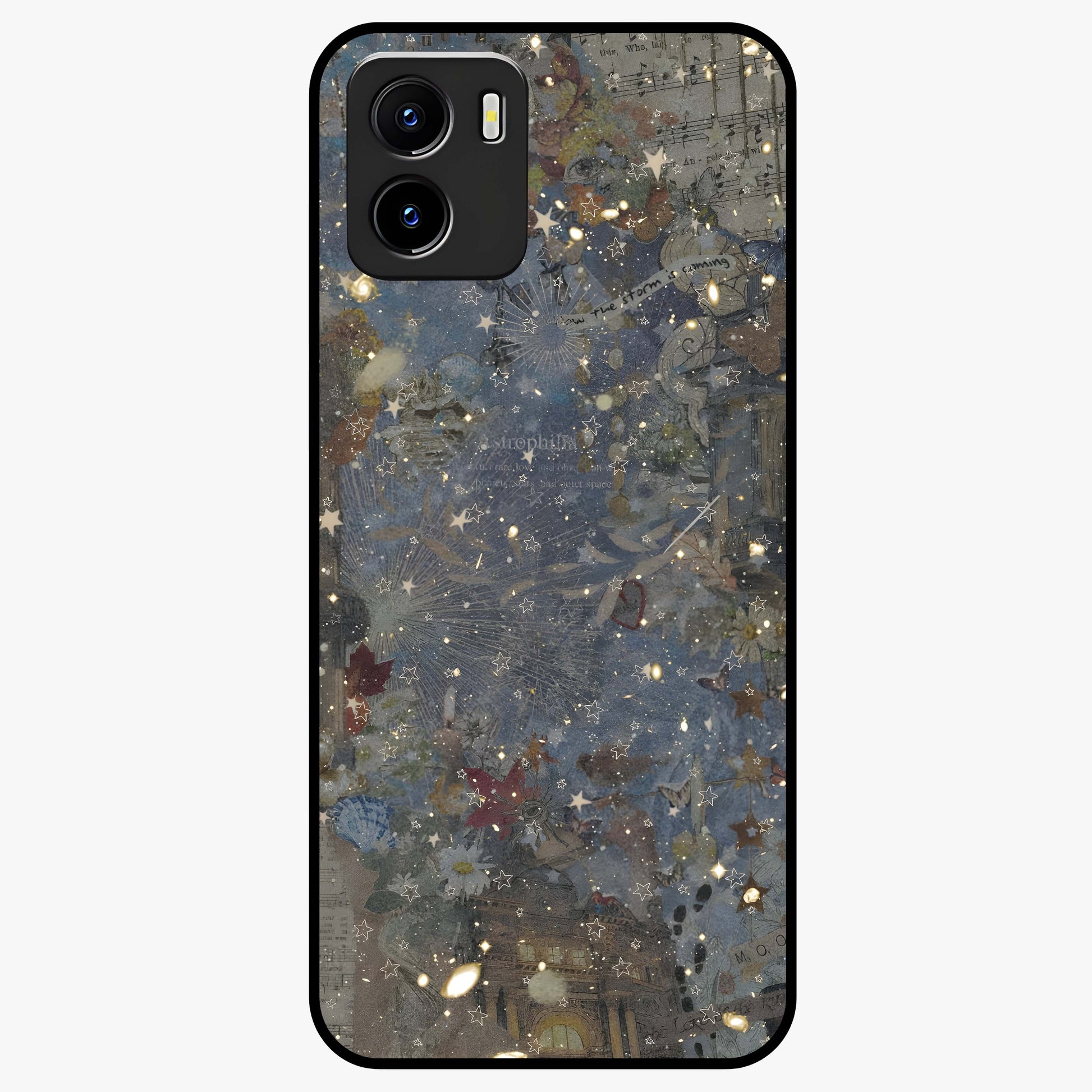 Aesthetic Astrolophia Glass Case showing flat back view with dreamy aesthetic design and glossy glass finish.