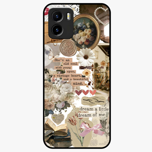 Aesthetic Brown Vintage Collage Glass Case showing flat back view with retro collage artwork and glossy glass finish.