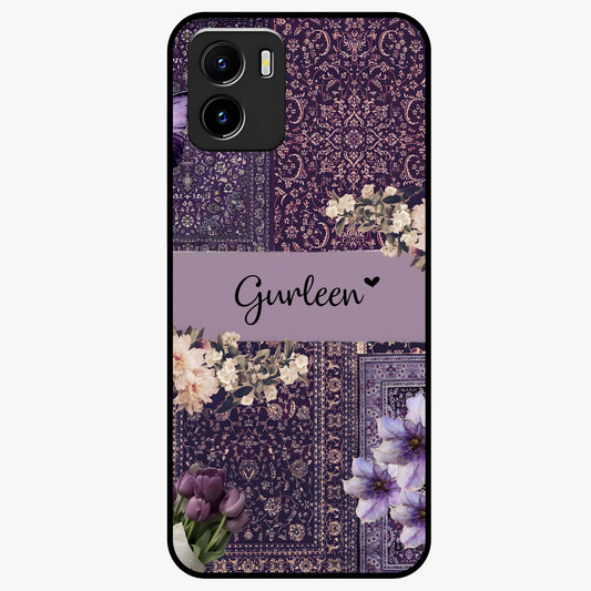 Antique Floral Whisper Custom Name Glass Case showing flat back view with vintage floral artwork and personalized name design.