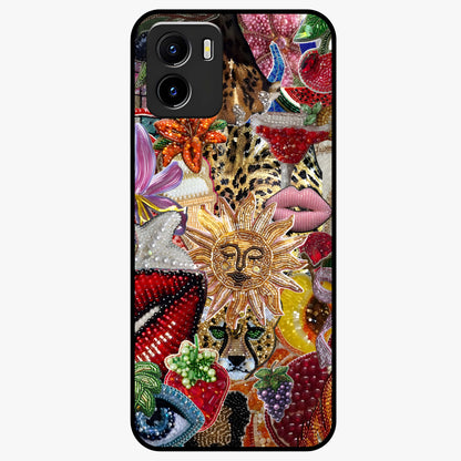 Beaded Fashion Jungle Glass Case showing flat back view with vibrant jungle inspired bead artwork and glossy glass finish.