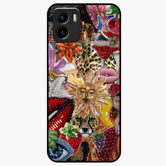 Beaded Fashion Jungle Glass Case showing flat back view with vibrant jungle inspired bead artwork and glossy glass finish.