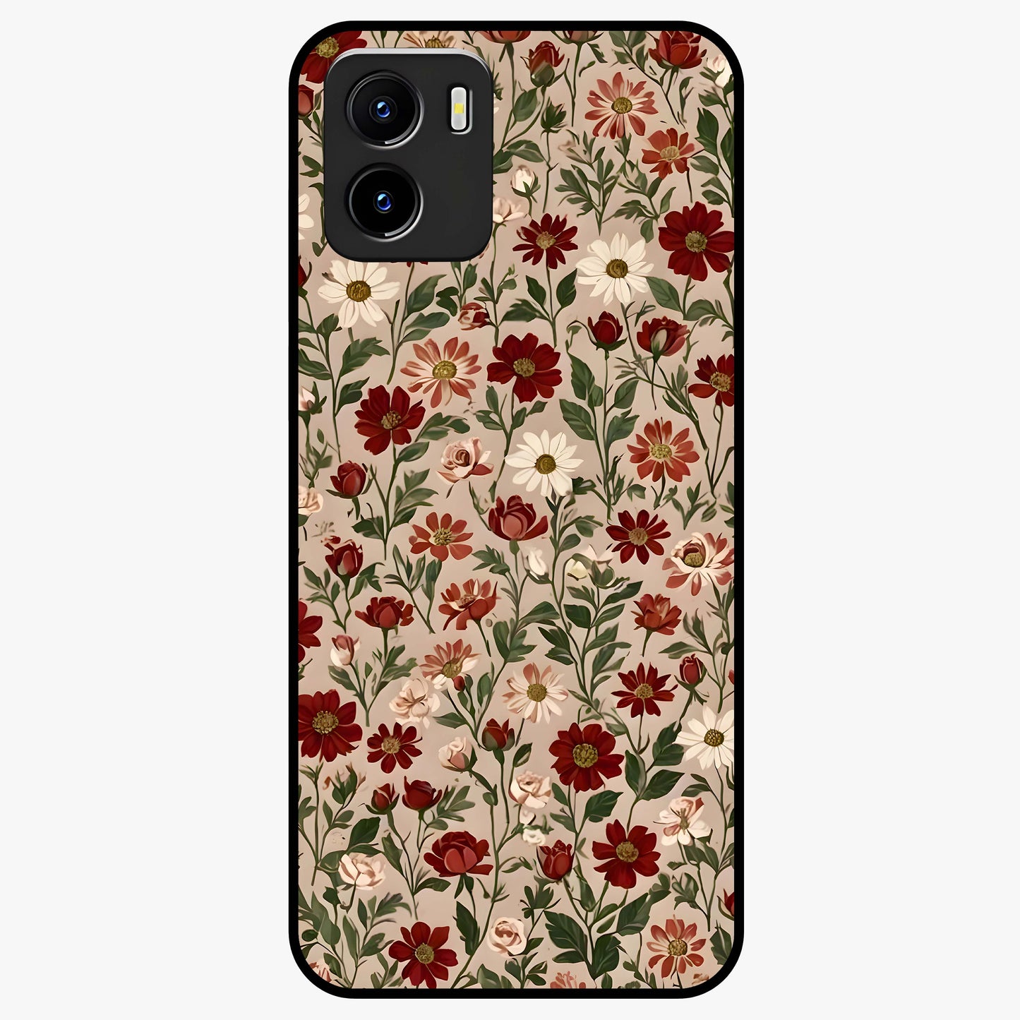 Biege Flower With Leaf Glass Case showing flat back view with soft beige floral artwork and glossy glass finish.