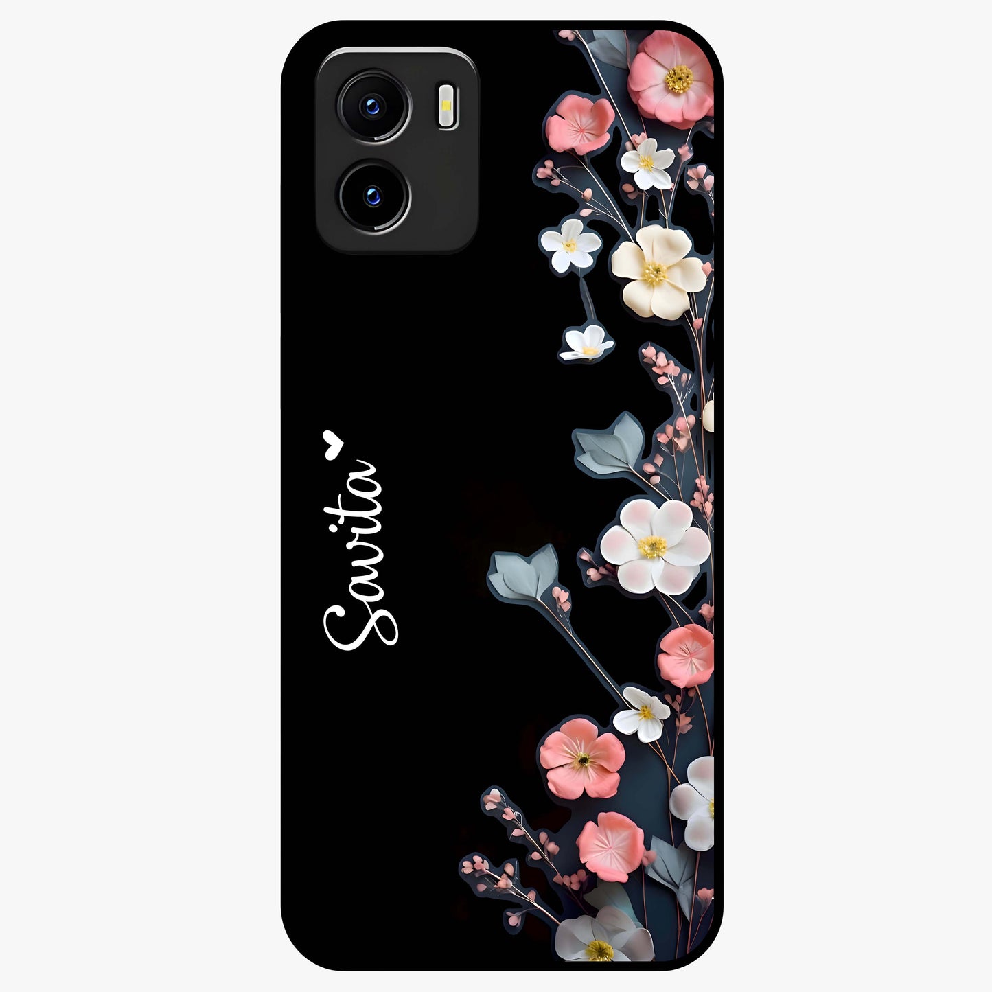 Black Elegance Floral Custom Name Glass Case showing flat back view with elegant floral artwork and personalized name design.