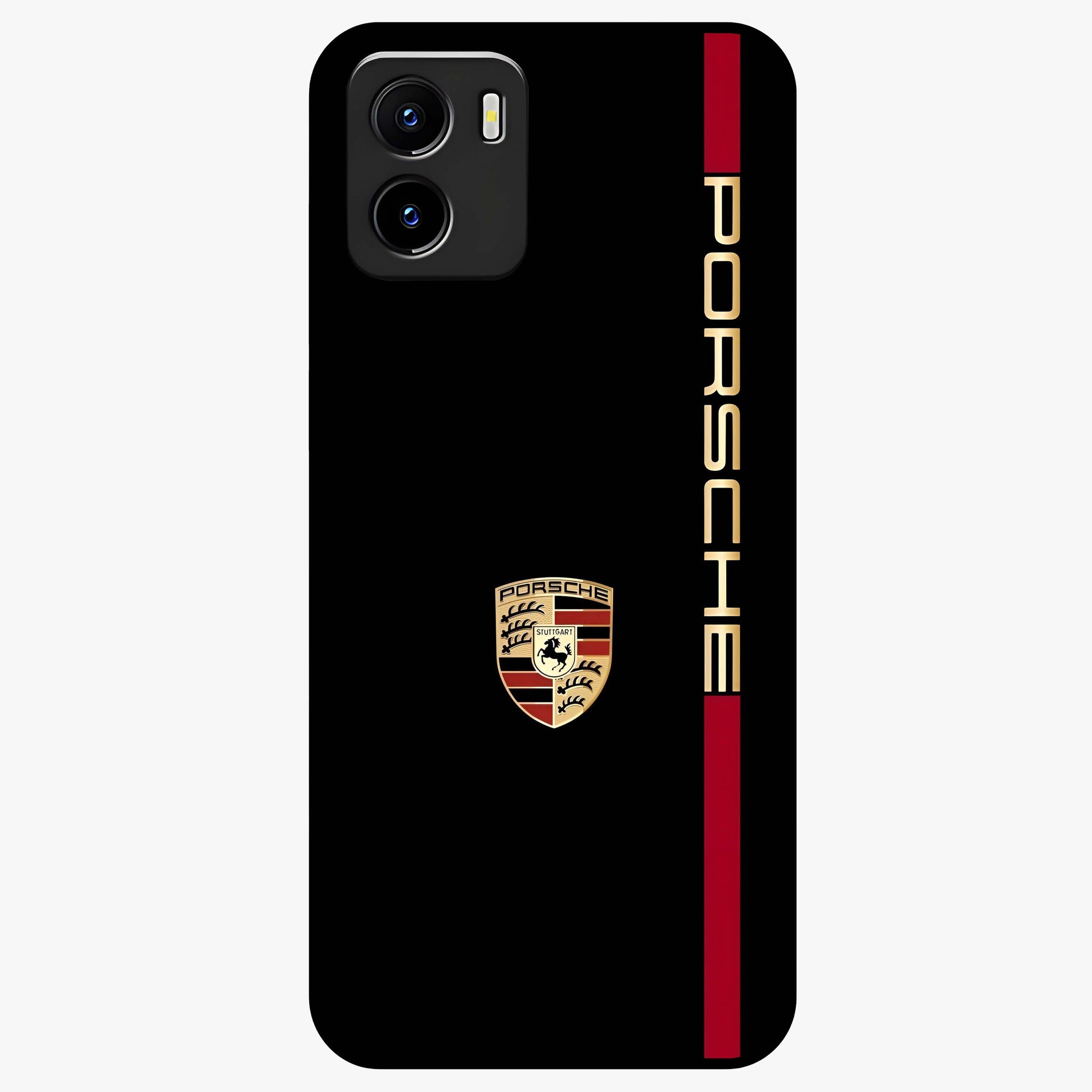Black Minimal Porsche Glass Case showing flat back view with sleek minimal sports car artwork and glossy glass finish.