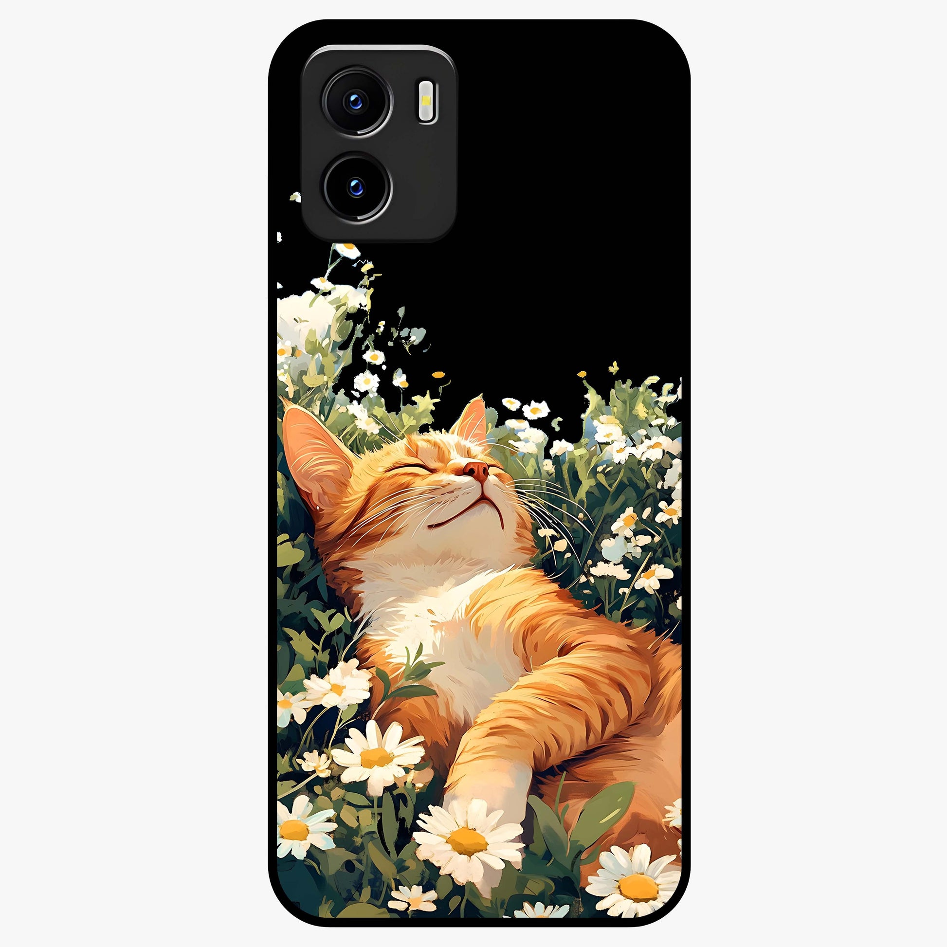 Blissful Bloom Cat Glass Case showing flat back view with cute cat and floral bloom artwork and glossy glass finish.