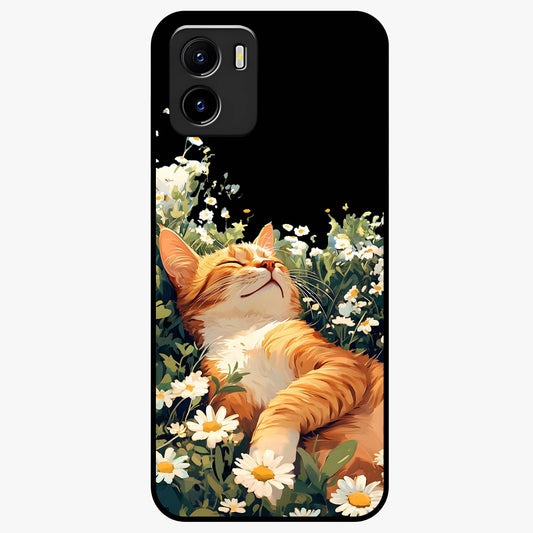 Blissful Bloom Cat Glass Case showing flat back view with cute cat and floral bloom artwork and glossy glass finish.