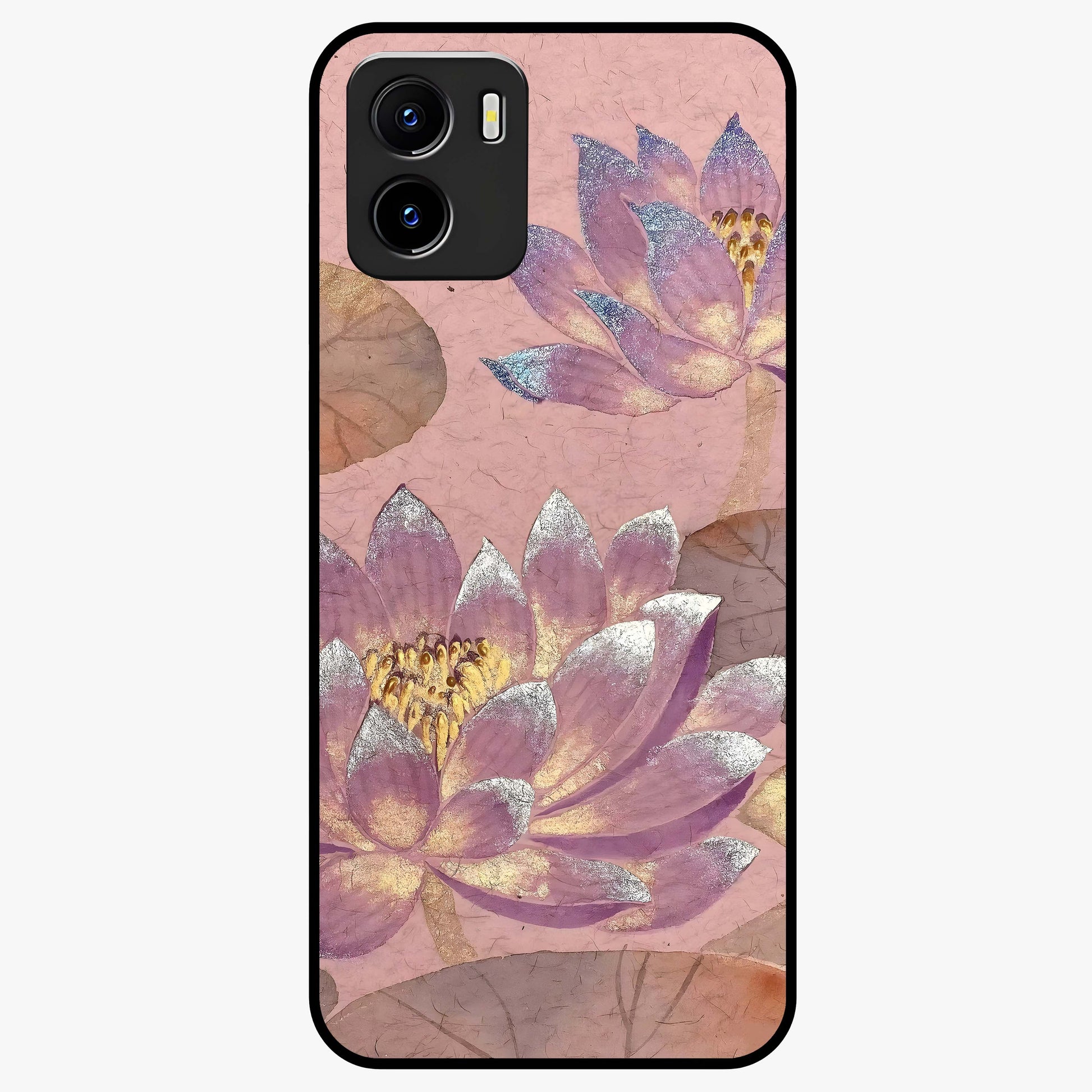 Blossom Mist Lotus Glass Case showing flat back view with serene lotus blossom artwork and glossy glass finish.