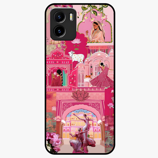 Blossoms of Rajasthan Glass Case showing flat back view with traditional floral artwork inspired by Rajasthan and glossy glass finish.