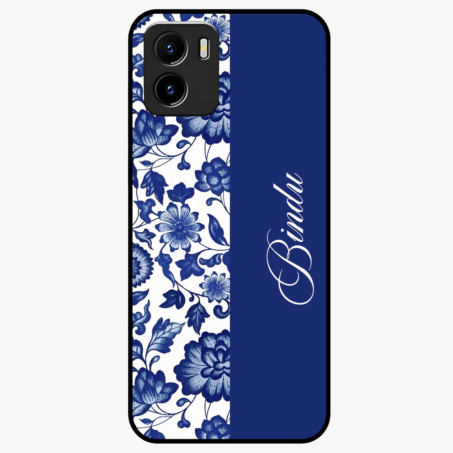 Blue Vintage Floral Pattern Glass Case upright view showcasing timeless floral illustration with vintage inspired style.