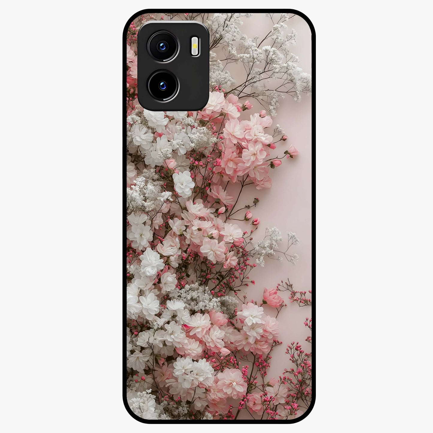 Blush Blossom Cloud Glass Case showing flat back view with dreamy blush cloud blossom artwork and glossy glass finish.