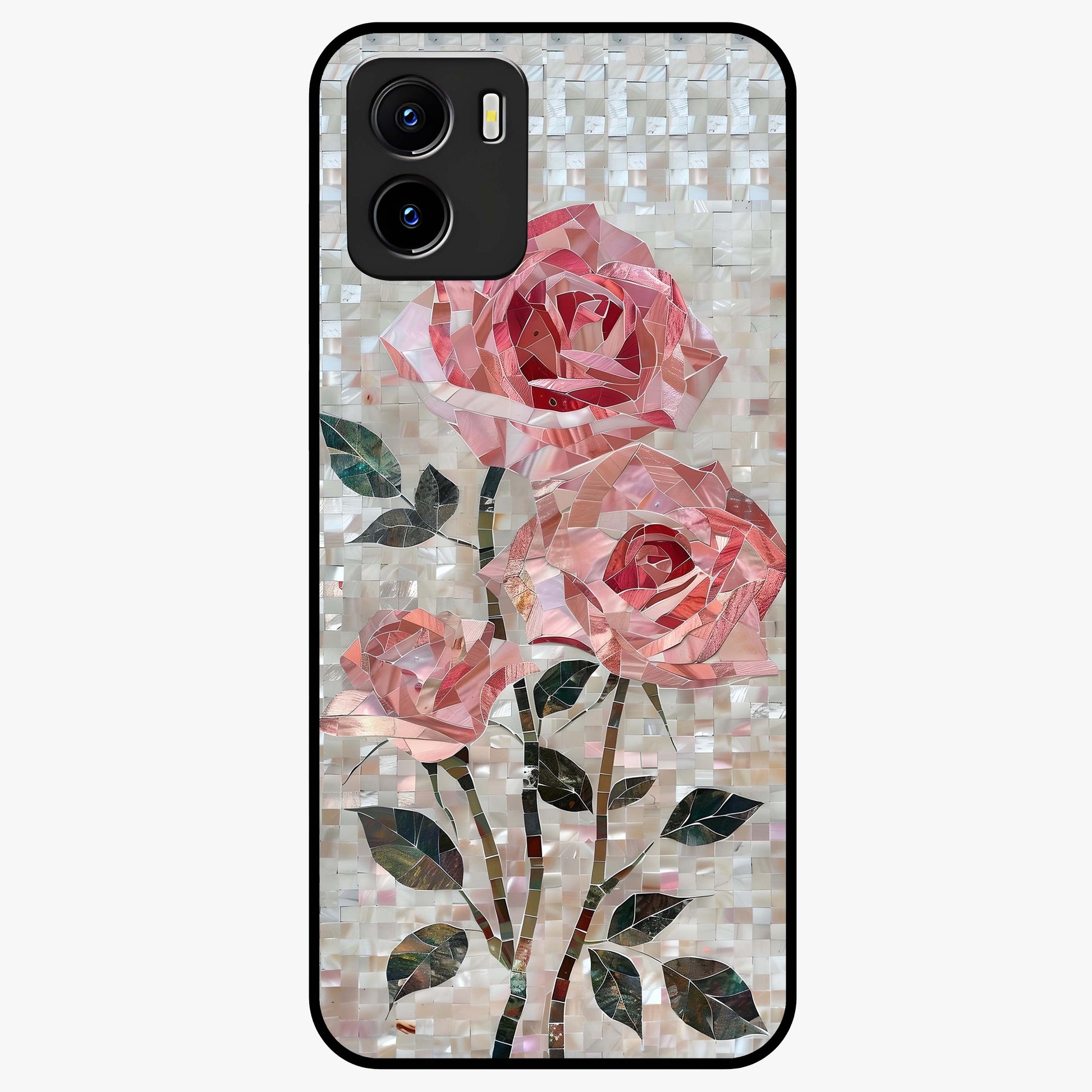 Blush Mosaic Bloom Glass Case showing flat back view with mosaic floral bloom artwork and glossy glass finish.