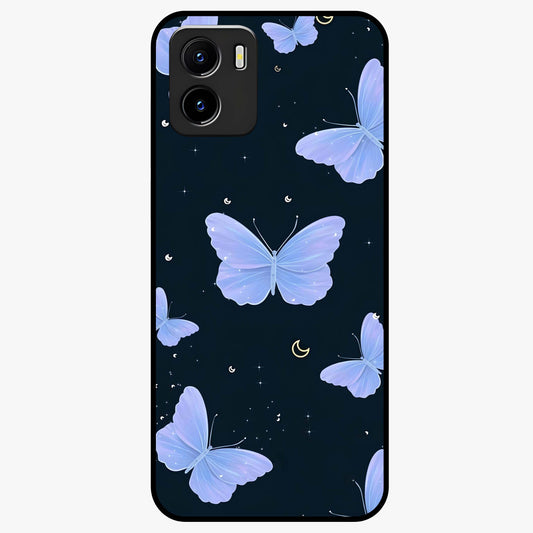 Butterfly With Stars Pattern Glass Case showing flat back view with butterfly and star pattern artwork and glossy glass finish.