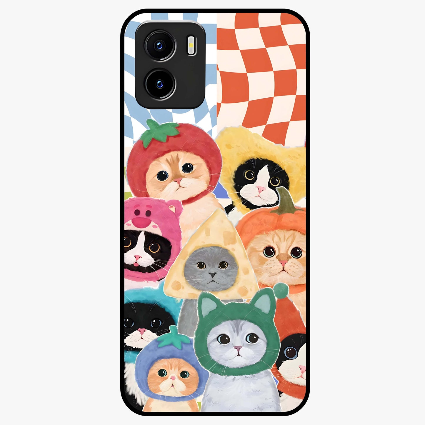 Cats in Fruits Glass Case showing flat back view with playful cat illustrations inside fruit artwork and glossy glass finish.
