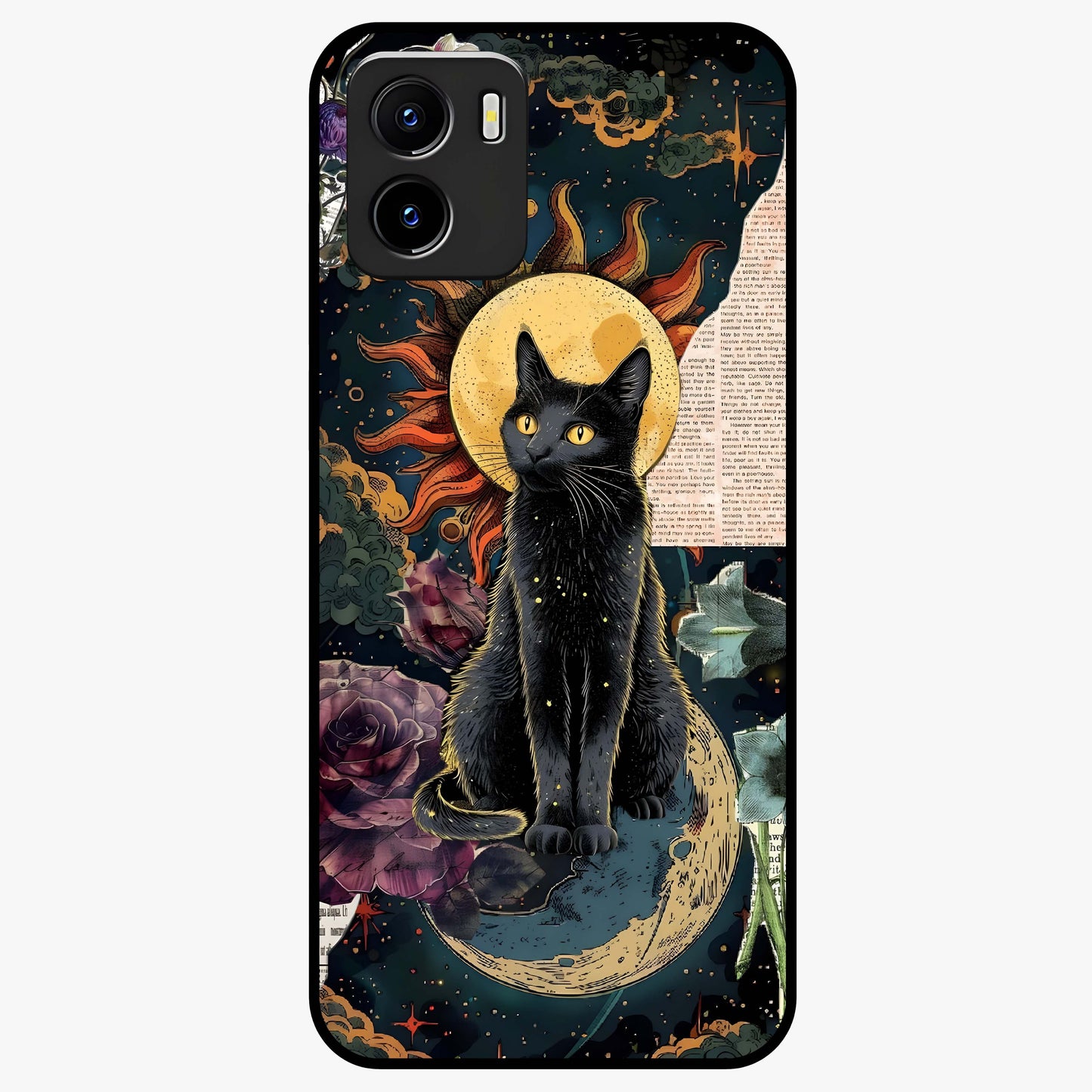 Celestial Black Cat Glass Case showing flat back view with mystical black cat artwork and glossy glass finish.