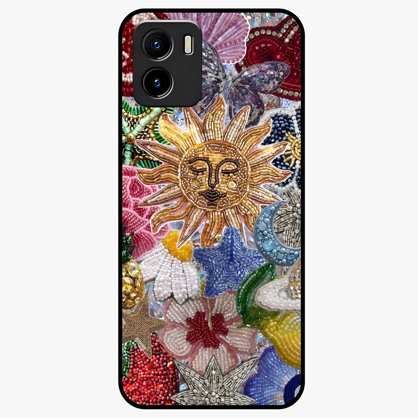 Celestial Floral and Playful Glass Case showing flat back view with floral and celestial themed artwork and glossy glass finish.