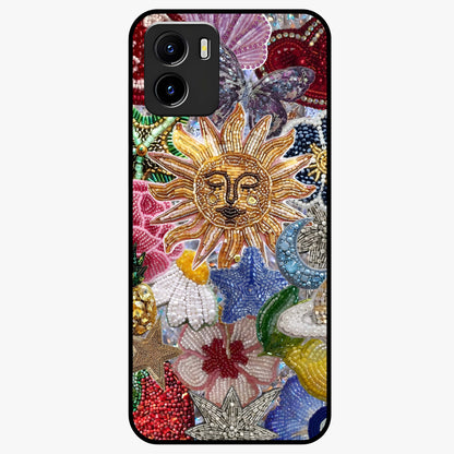 Celestial Floral and Playful Glass Case showing flat back view with floral and celestial themed artwork and glossy glass finish.