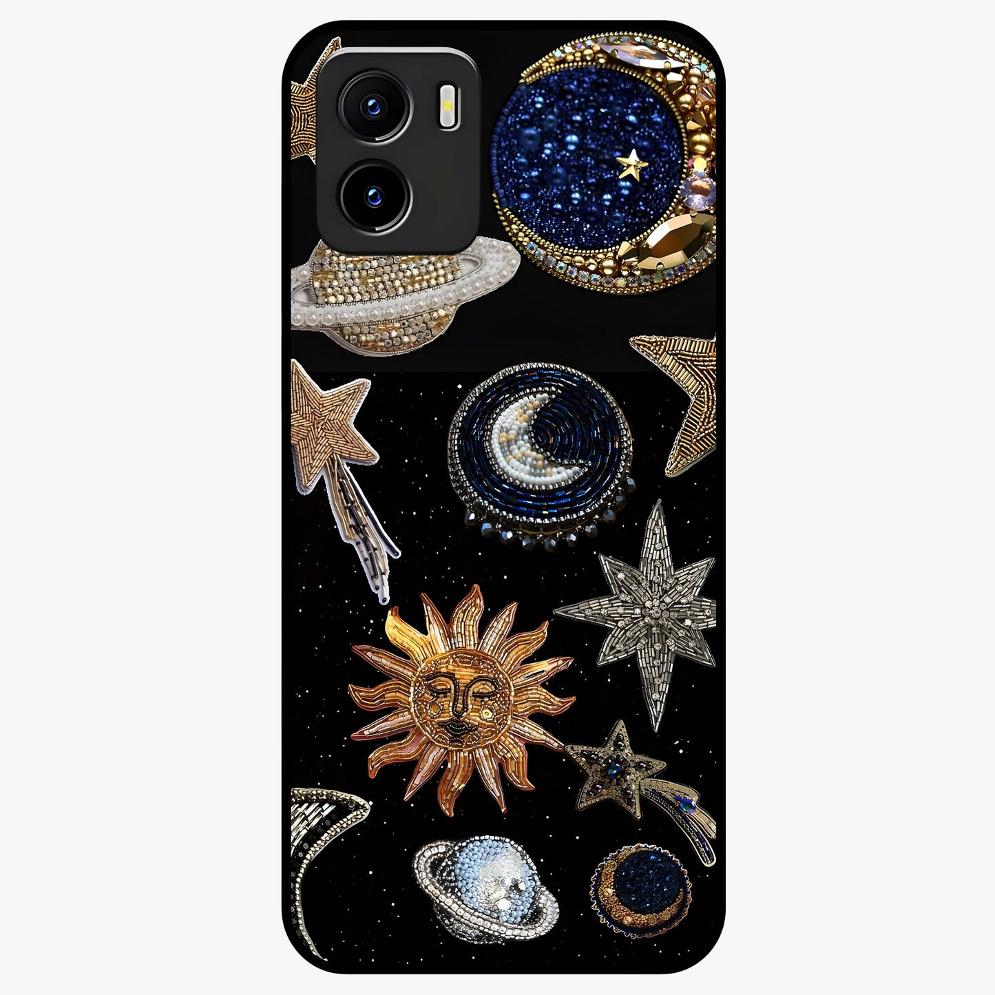 Celestial Gem Constellations Glass Case showing flat back view with sparkling constellation artwork and glossy glass finish.