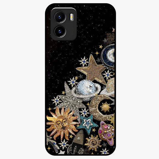 Cosmic Sparkle Dreams Glass Case showing flat back view with sparkling cosmic artwork and glossy glass finish.