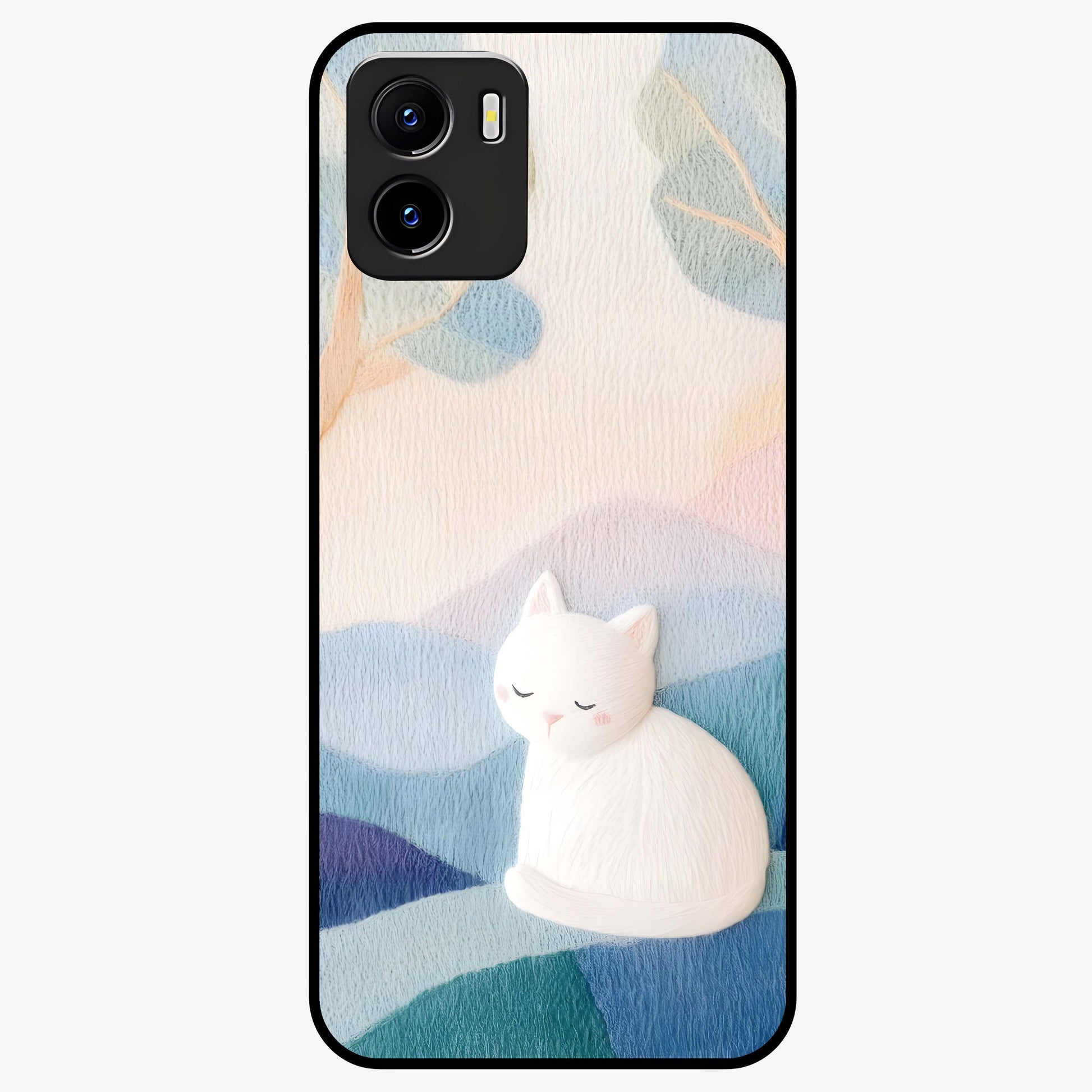 Cotton Dream Cat Glass Case showing flat back view with soft dreamy cat artwork and glossy glass finish.