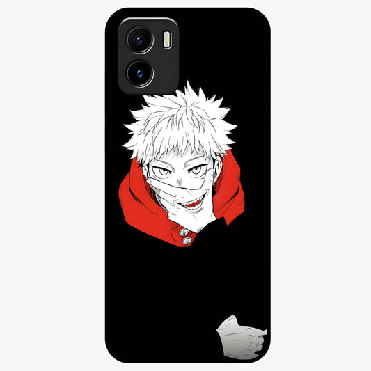 Crimson Chaos Smile Glass Case showing flat back view with bold chaotic smile artwork and glossy glass finish.