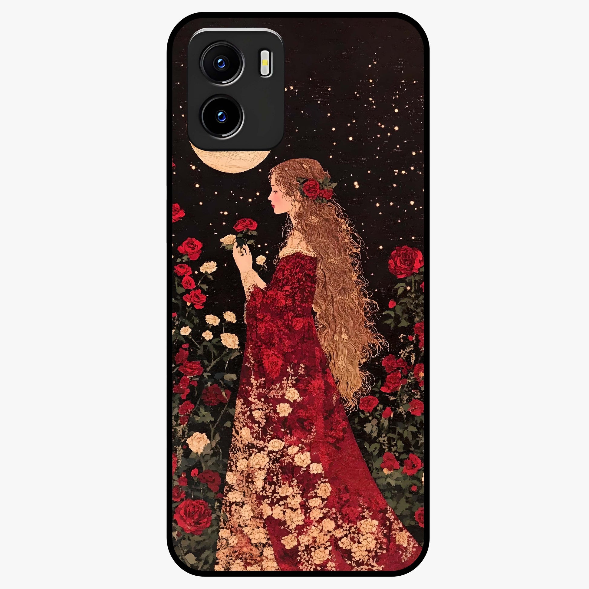 Crimson Dreams Glass Case showing flat back view with dreamy crimson artwork and glossy glass finish.