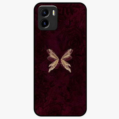 Crimson Fade Butterfly Glass Case showing flat back view with fading butterfly artwork and glossy glass finish.