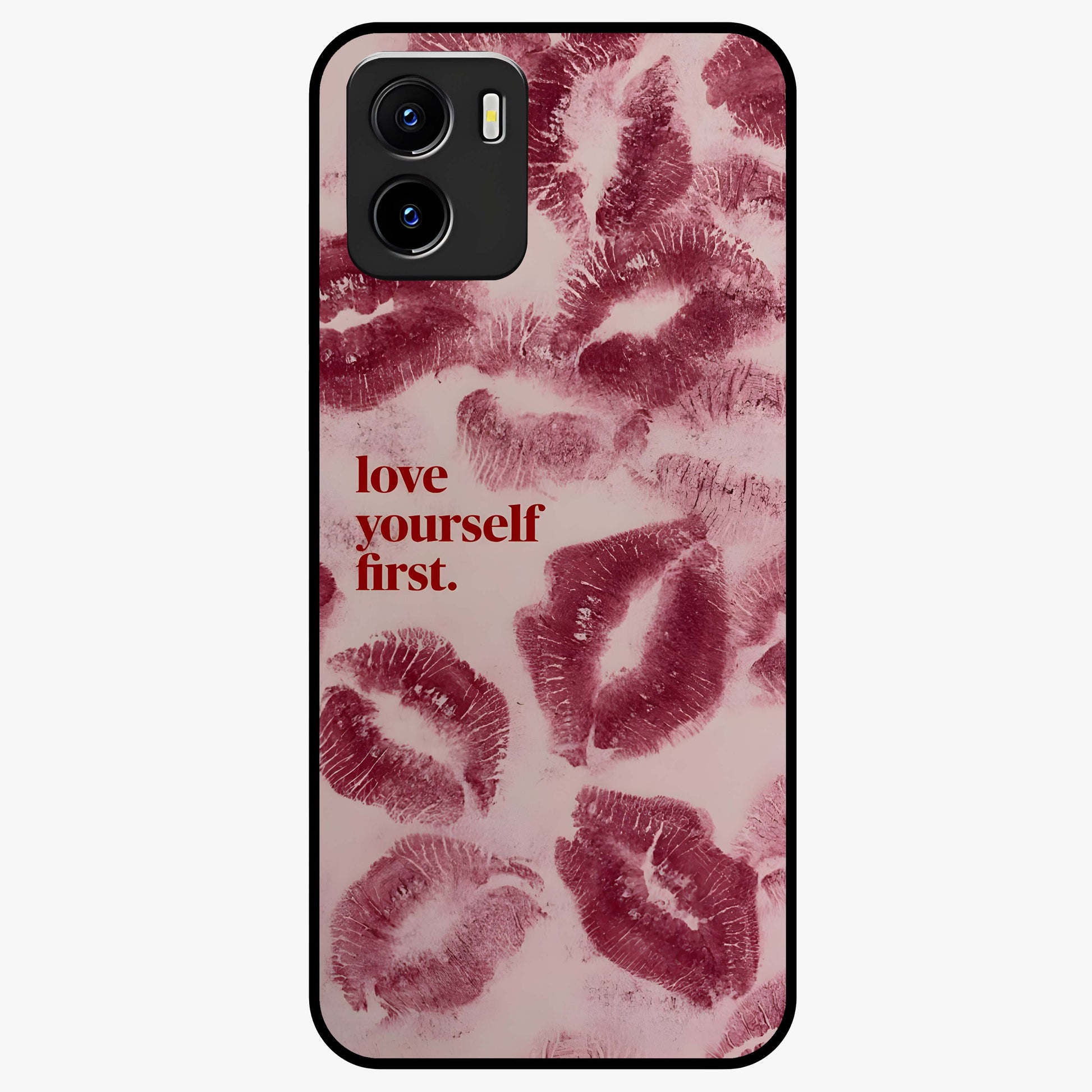 Crimson Kiss Love Glass Case showing flat back view with romantic crimson themed artwork and glossy glass finish.