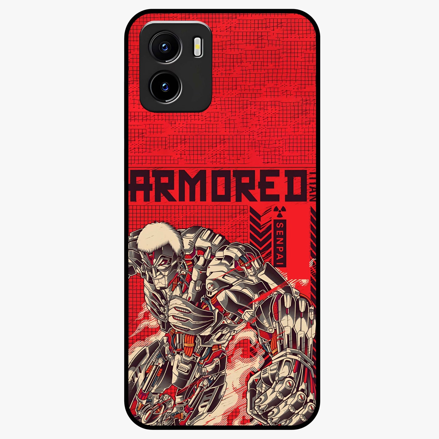 Crimson Mecha Titan Glass Case showing flat back view with powerful mech titan artwork and glossy glass finish.