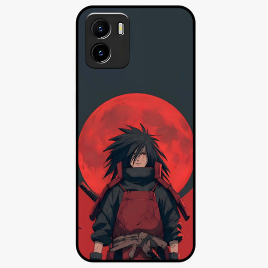 Crimson Moon Warlord Glass Case showing flat back view with mystical moon warrior artwork and glossy glass finish.