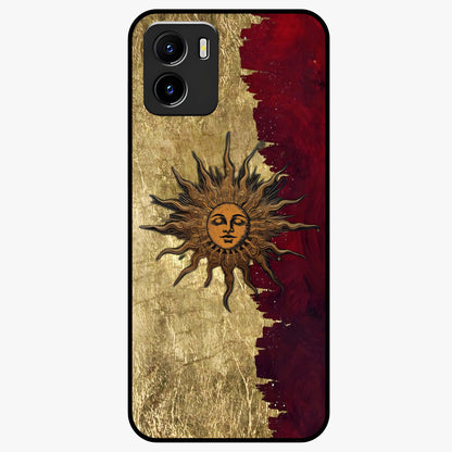 Crimson Sun Majesty Glass Case showing flat back view with radiant sun inspired artwork and glossy glass finish.
