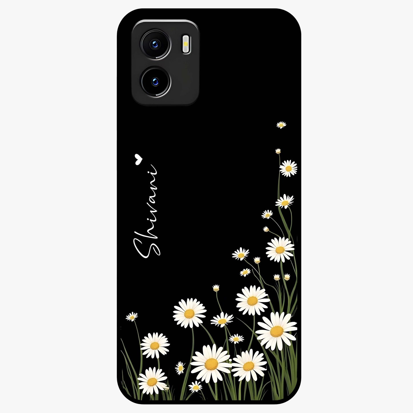 Daisy Cascade Custom Name Glass Case showing flat back view with cascading daisy flowers and personalized name design.