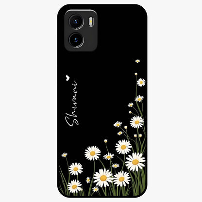 Daisy Cascade Custom Name Glass Case showing flat back view with cascading daisy flowers and personalized name design.