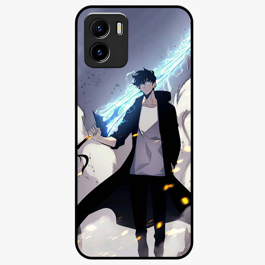 Dark Lightning Anime Warrior Glass Case showing flat back view with intense anime warrior artwork and glossy glass finish.