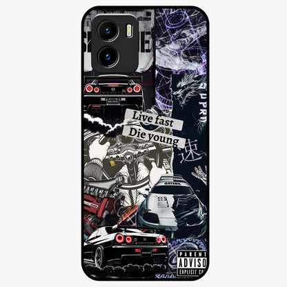 Die Young Glass Case showing flat back view with bold artistic typography design and glossy glass finish.