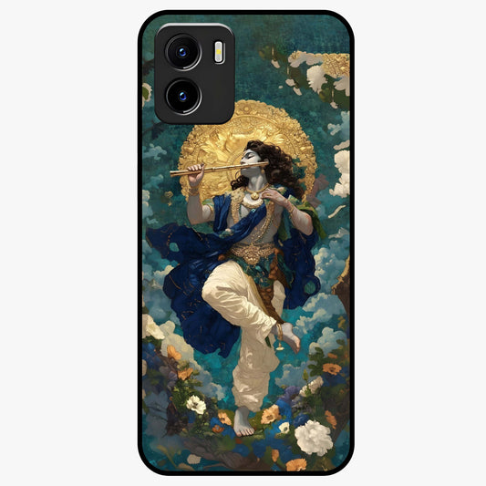 Divine Krishna Art Glass Case showing flat back view with Lord Krishna artwork and glossy glass finish.