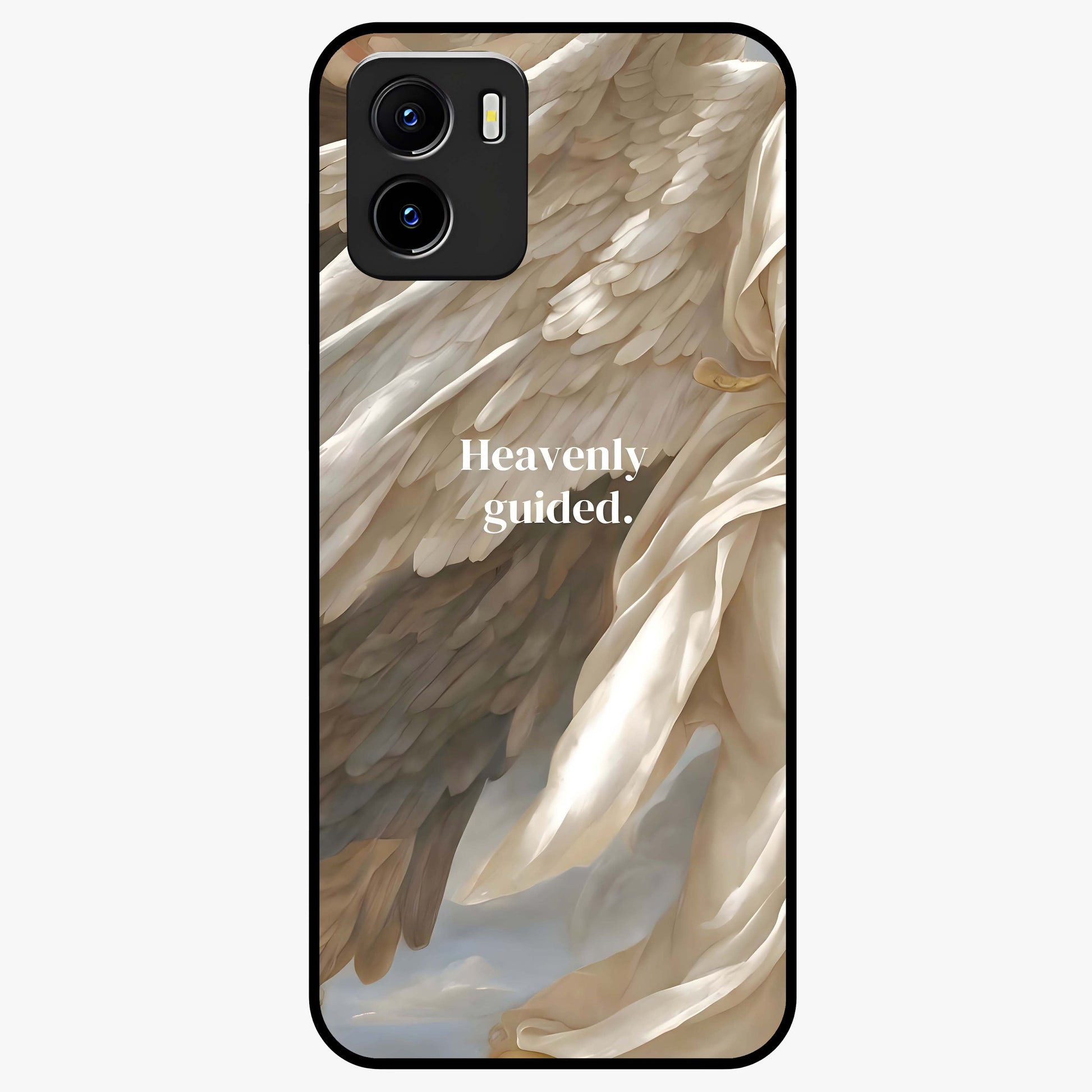 Divine Winged Grace Glass Case showing flat back view with elegant wing inspired artwork and glossy glass finish.