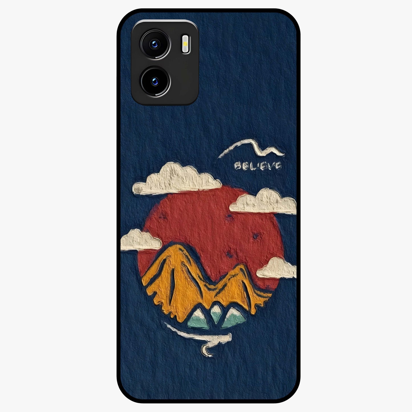 Dream Beyond Mountains Glass Case showing flat back view with scenic mountain landscape artwork and glossy glass finish.