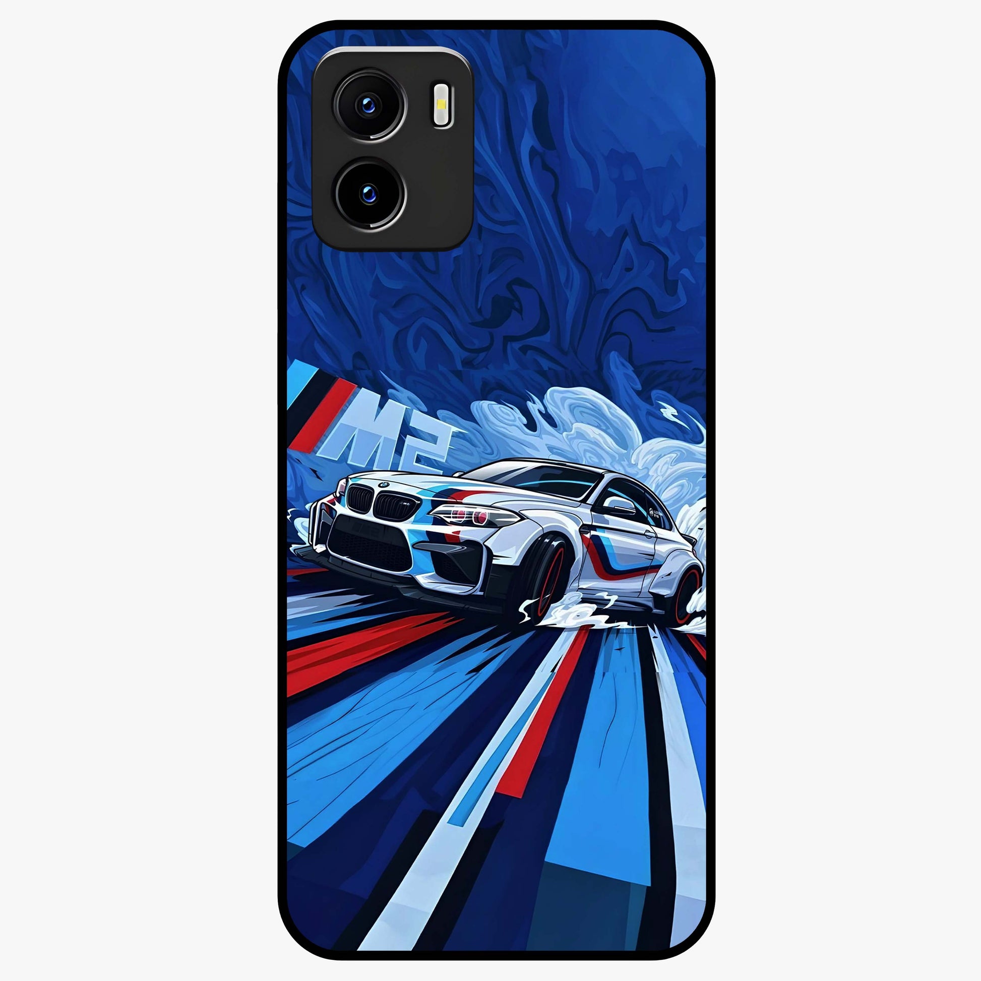 Drift Power Rush Glass Case showing flat back view with dynamic racing inspired artwork and glossy glass finish.