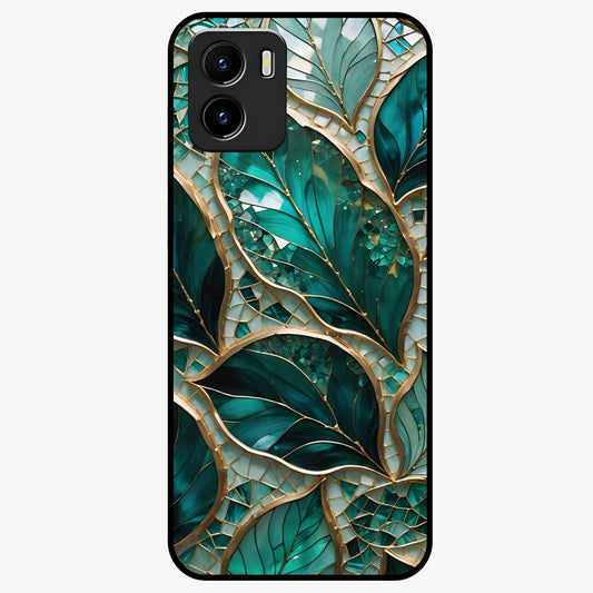 Emerald Leaf Glass Glass Case showing flat back view with emerald green leaf artwork and glossy glass finish.