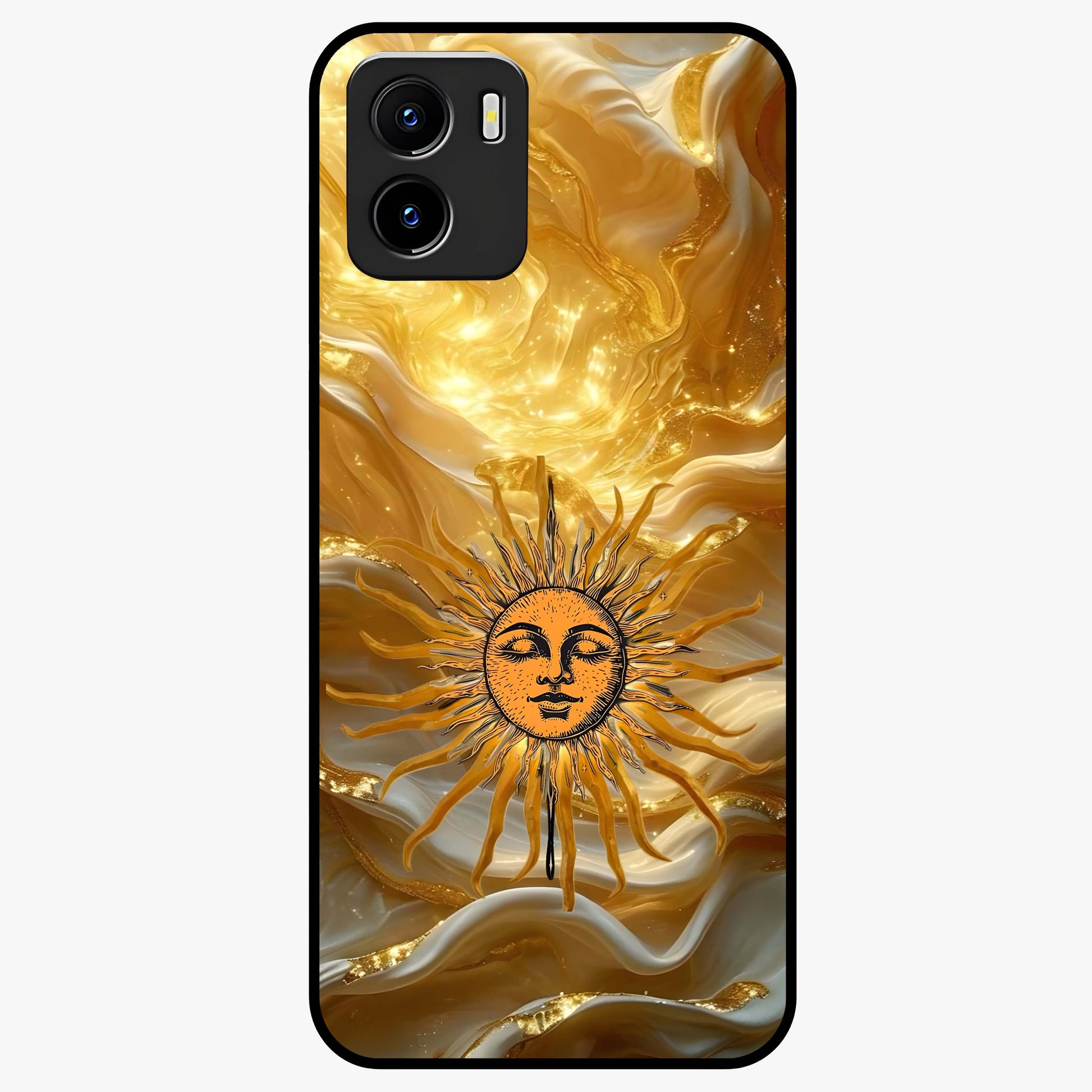 Eternal Golden Glow Glass Case showing flat back view with radiant golden themed artwork and glossy glass finish.
