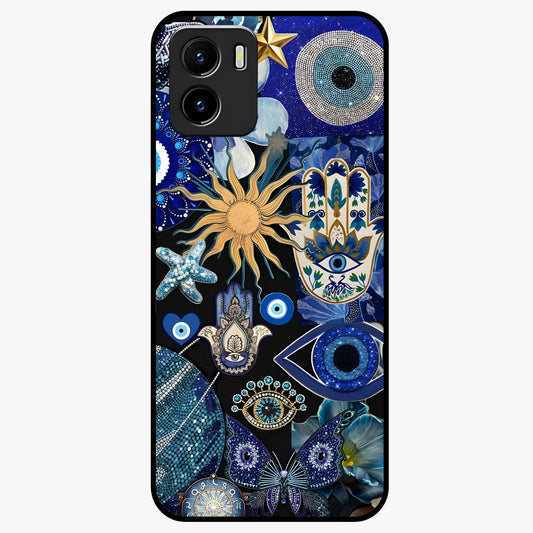 Evil Eye Charm Mix Glass Case showing flat back view with multiple evil eye charms artwork and glossy glass finish.