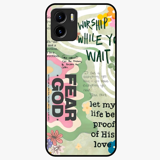 Faith Over Fear Glass Case showing flat back view with motivational typography artwork and glossy glass finish.